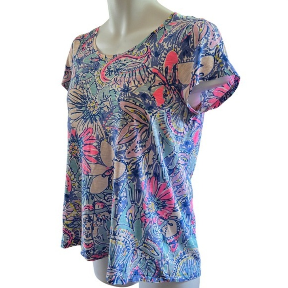 Lilly Pulitzer Womens Blue Pink Floral Paisley Cotton Short Sleeve T-Shirt SZ M - Picture 3 of 9